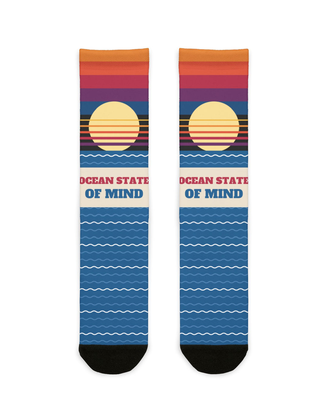 BlockBoundRI Ocean State of Mind Rhode Island socks, front flat lay with retro striped sunset over blue wave stripes