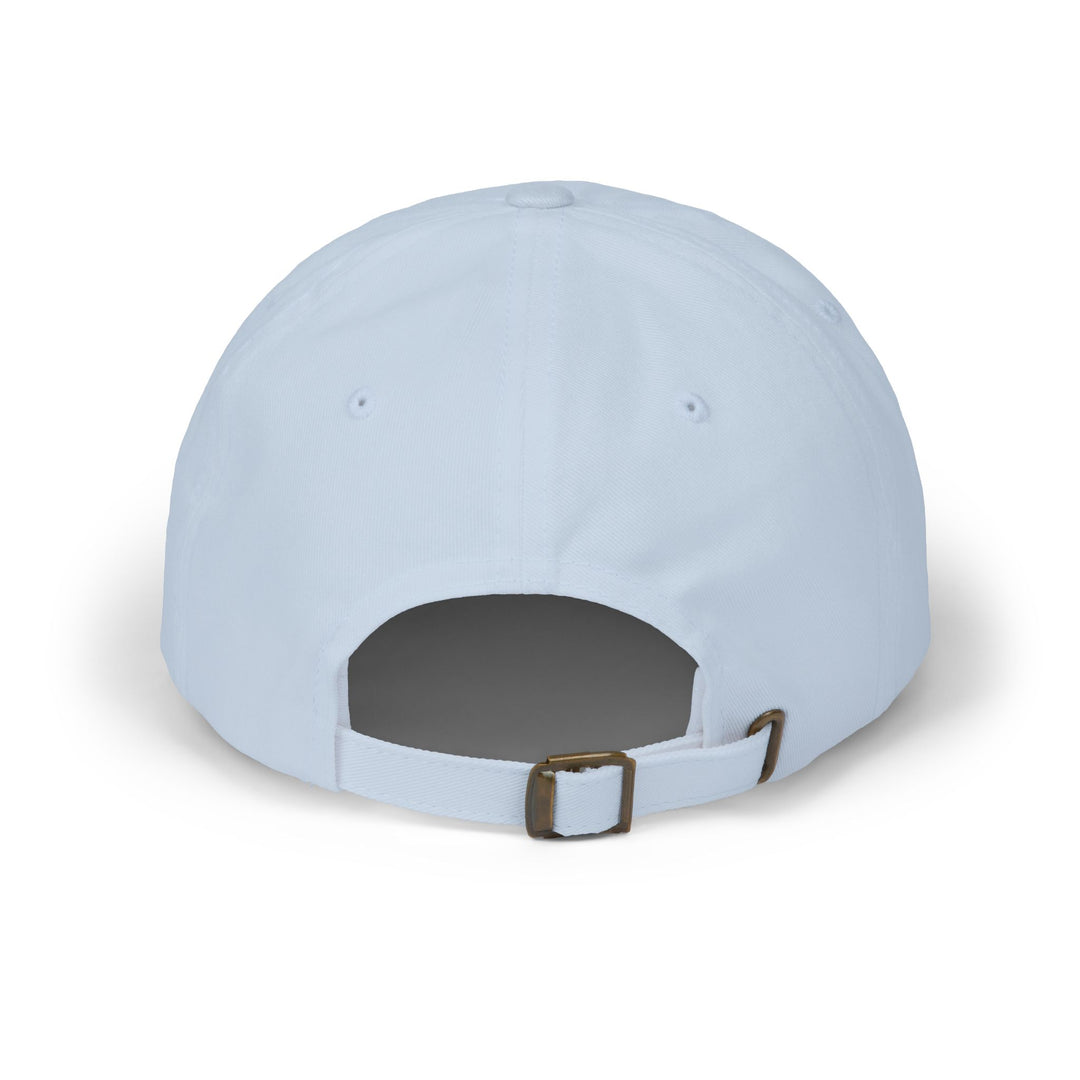 Back of the Light Blue Crossing Club Block Island dad cap with adjustable strap and metal buckle