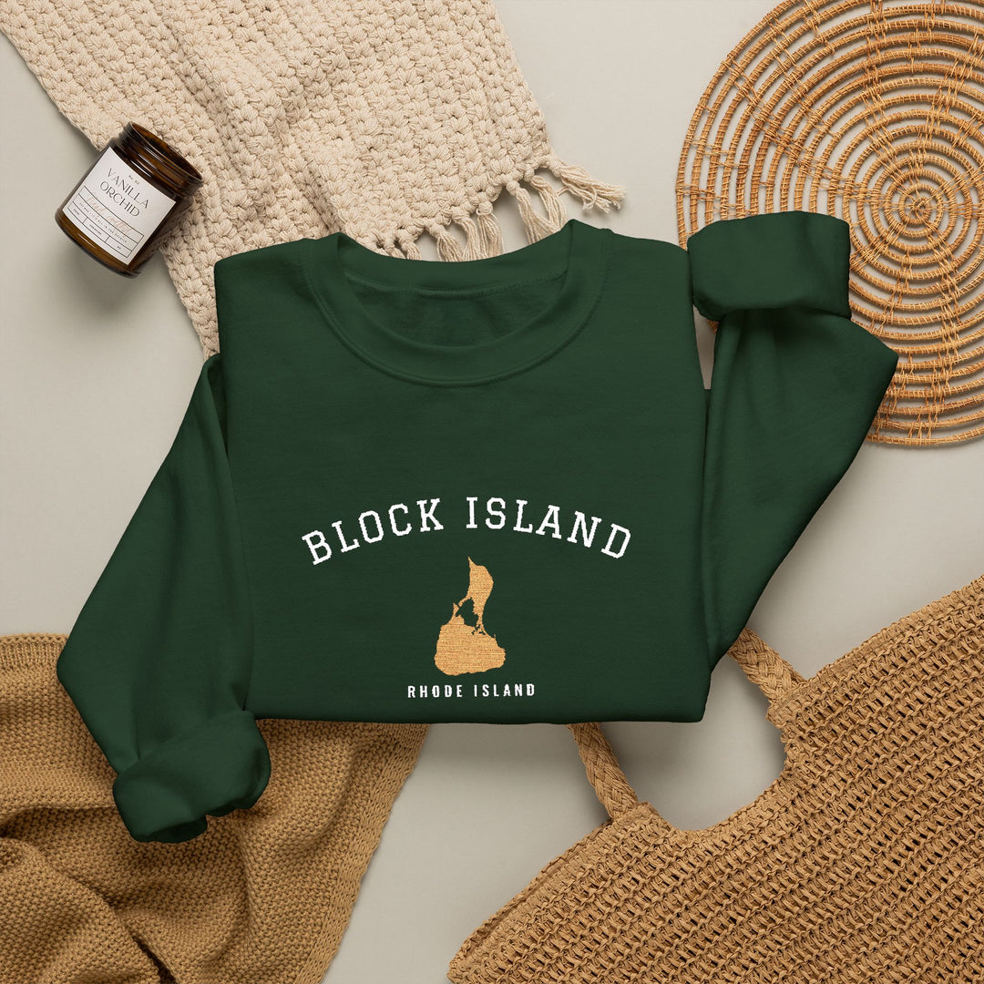 Crewneck sweatshirt with BLOCK ISLAND embroidered in arched varsity letters over a stitched Block Island map and RHODE ISLAND