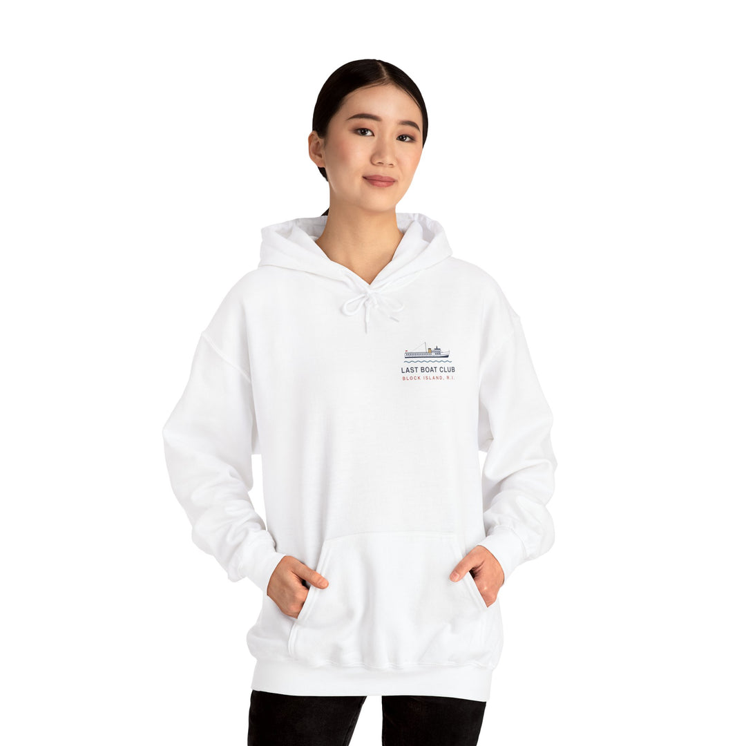 Last Boat Club hoodie: M/V BLOCK ISLAND ferry against a striped sunset, Block Island R.I. — view 11
