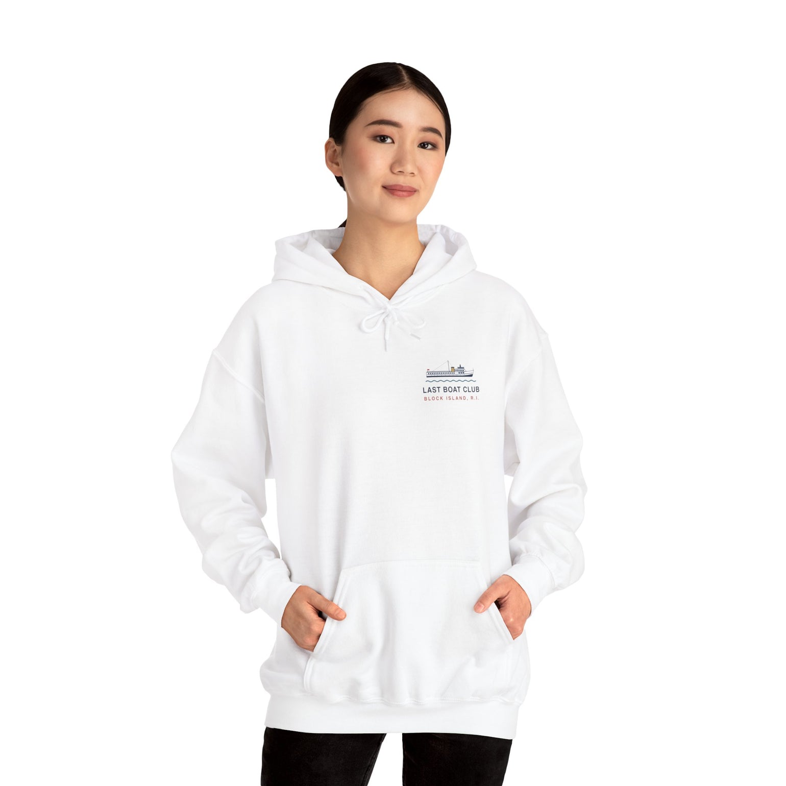Last Boat Club hoodie: M/V BLOCK ISLAND ferry against a striped sunset, Block Island R.I. — view 11