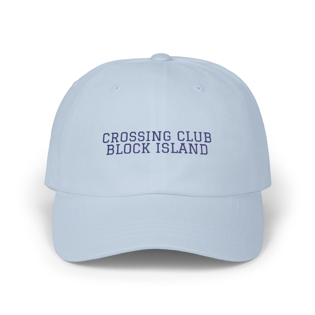 Light Blue Crossing Club Block Island dad cap with navy embroidered lettering across the front panel