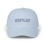 Light Blue Crossing Club Block Island dad cap with navy embroidered lettering across the front panel