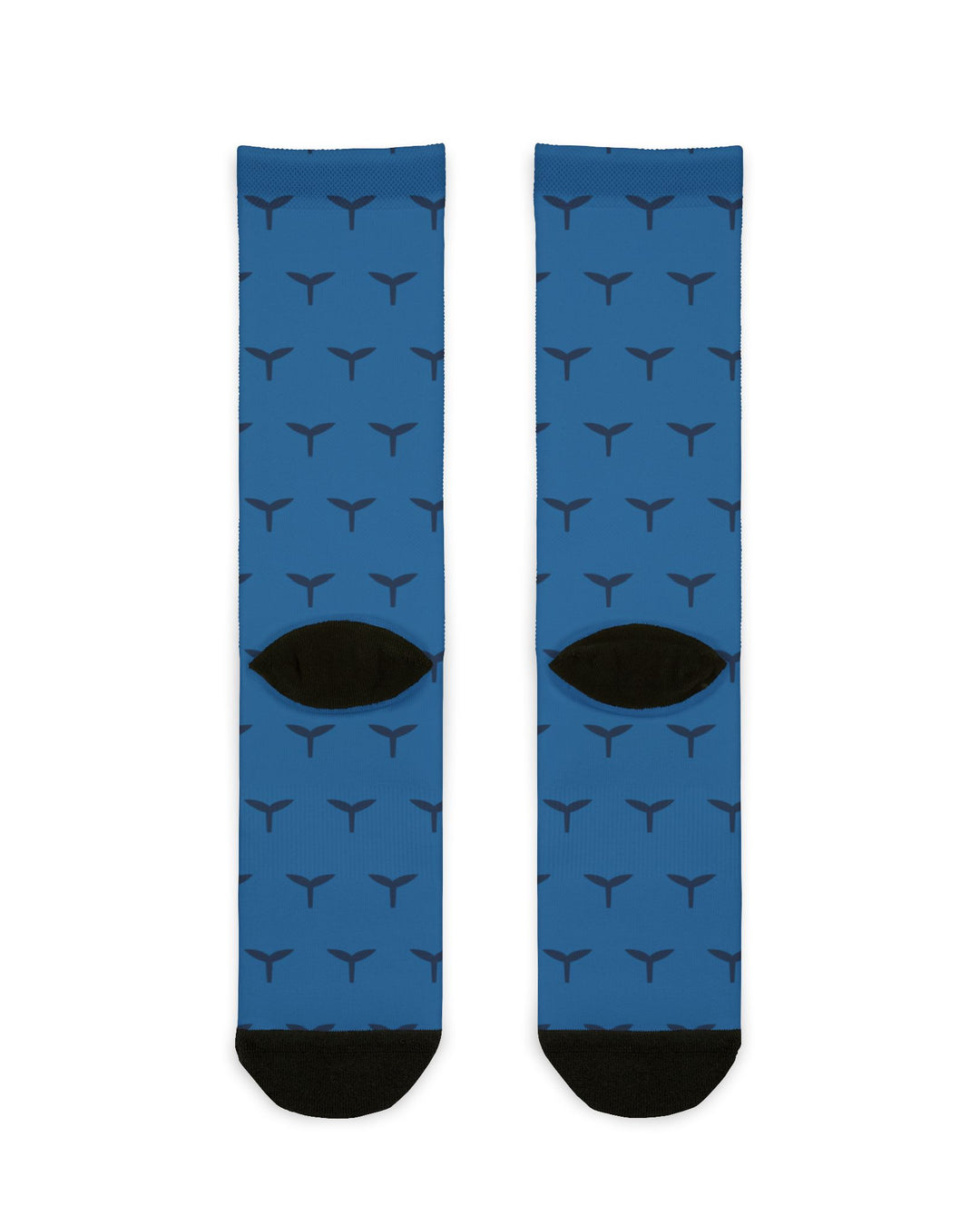 Back of the Whale Hello There ocean socks laid flat, blue with a small repeating whale tail pattern