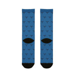 Back of the Whale Hello There ocean socks laid flat, blue with a small repeating whale tail pattern