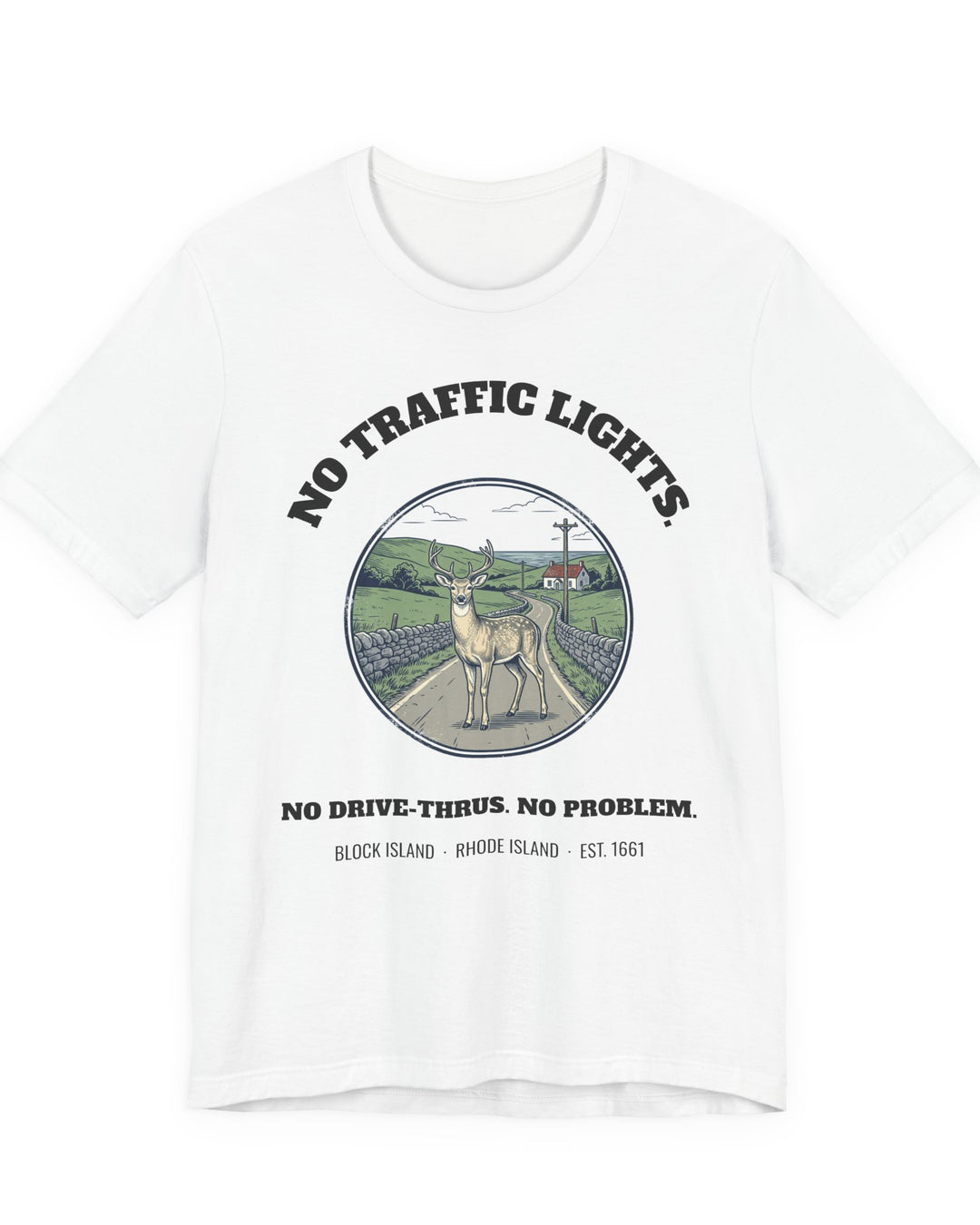 Block Island No Traffic Lights T-Shirt in White, BlockBoundRI