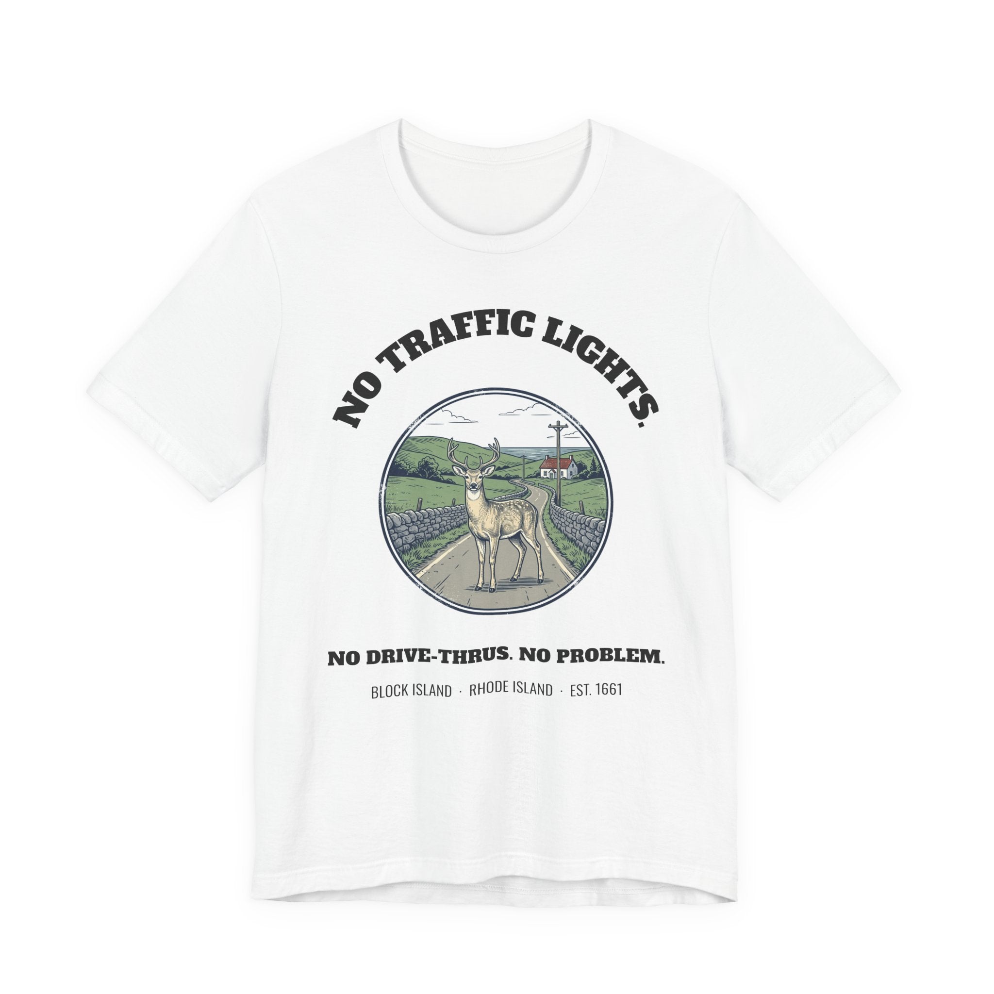 Block Island No Traffic Lights T-Shirt in White, BlockBoundRI