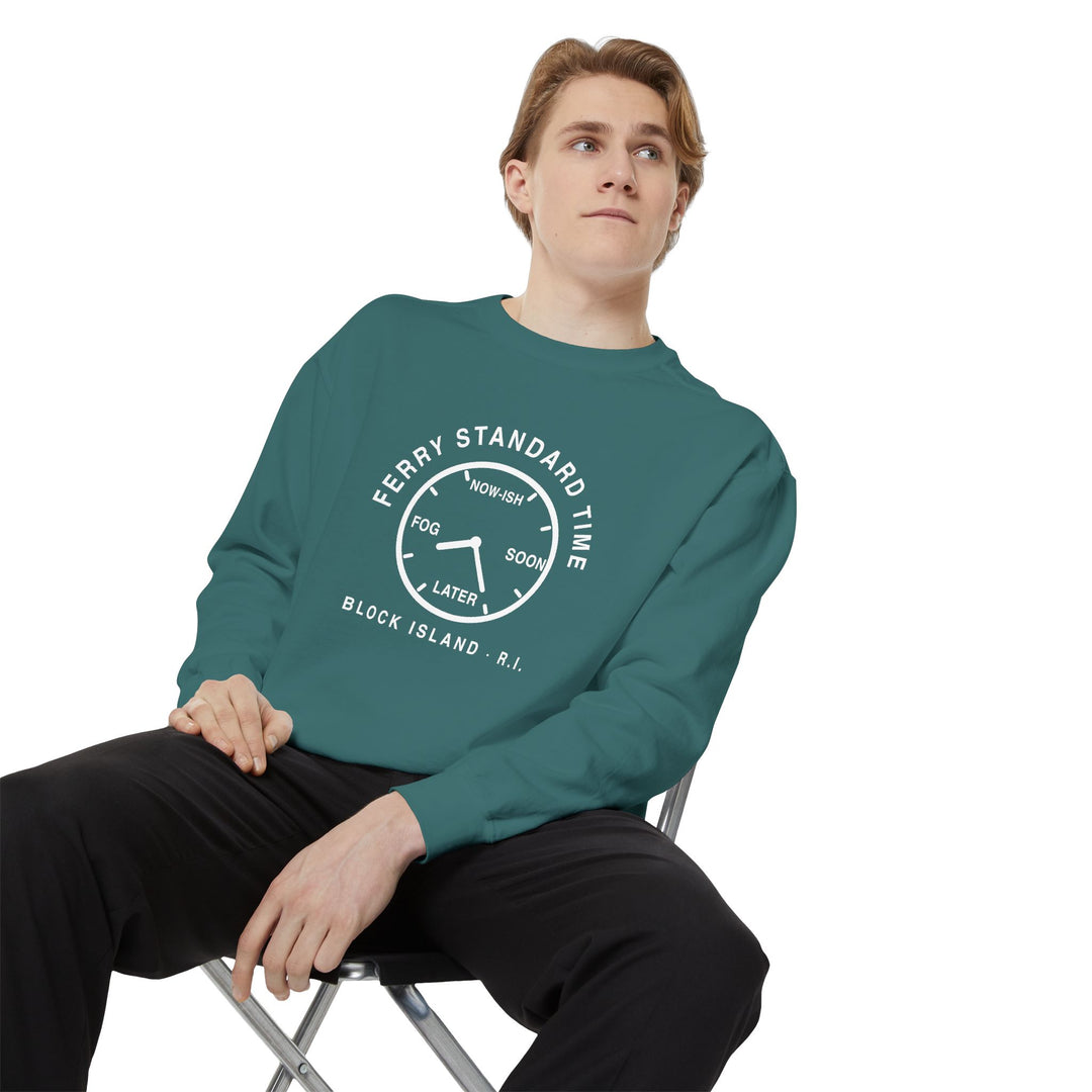 Ferry Standard Time crewneck: white clock face reading Now-ish, Soon, Later and Fog, Block Island R.I. — view 17