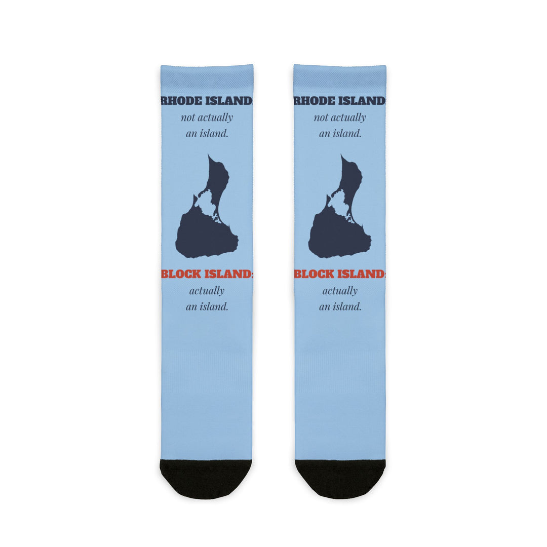 BlockBoundRI Rhode Island not actually an island Block Island socks, light blue with navy map, flat lay front
