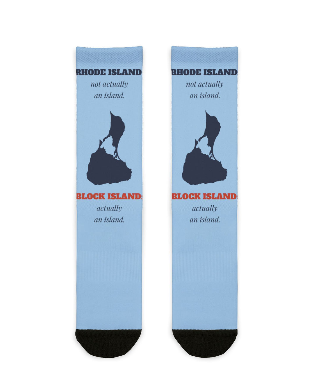 BlockBoundRI Rhode Island not actually an island Block Island socks, light blue with navy map, flat lay front