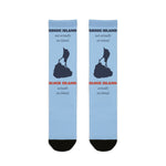 BlockBoundRI Rhode Island not actually an island Block Island socks, light blue with navy map, flat lay front