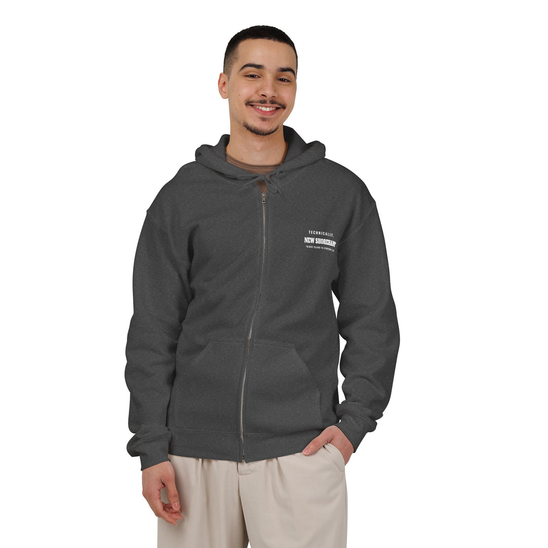 Technically New Shoreham Block Island full-zip hoodie in Dark Heather, on model, front - BlockBoundRI