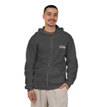 Technically New Shoreham Block Island full-zip hoodie in Dark Heather, on model, front - BlockBoundRI