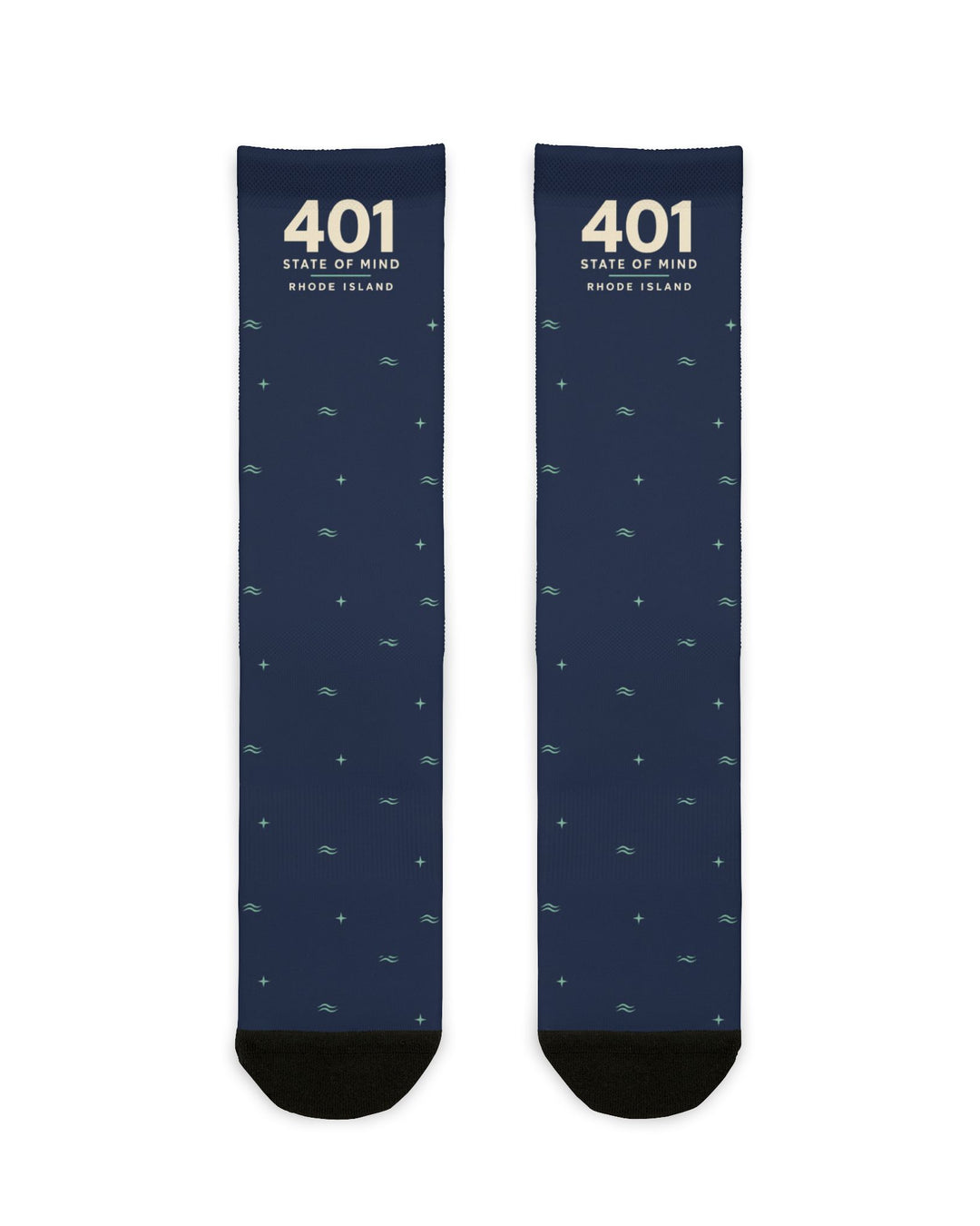 Flat lay of navy 401 State of Mind Rhode Island socks with cream 401 lettering and a scattered wave pattern