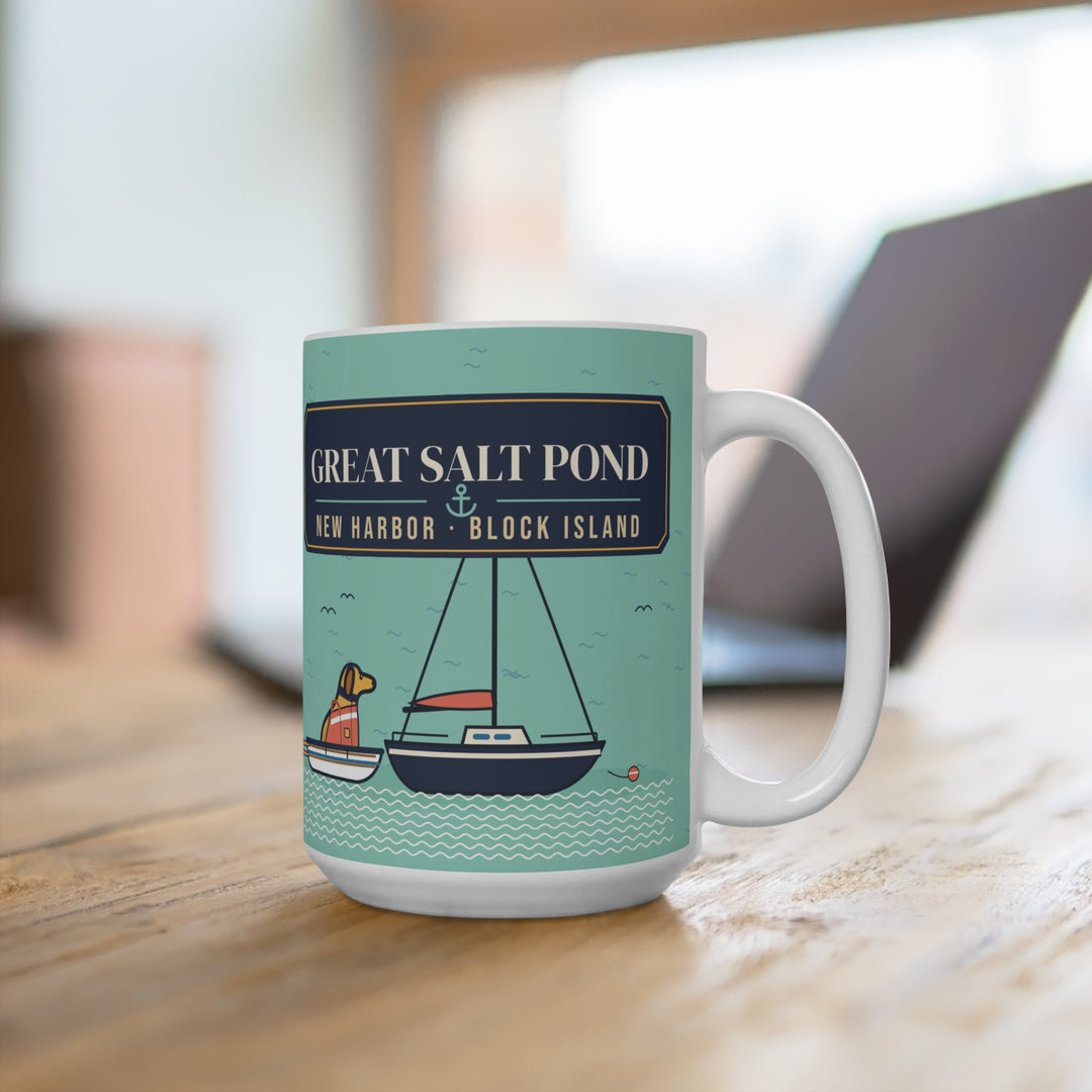 Great Salt Pond Dog Mug — Block Island New Harbor Chart 15 oz Mug