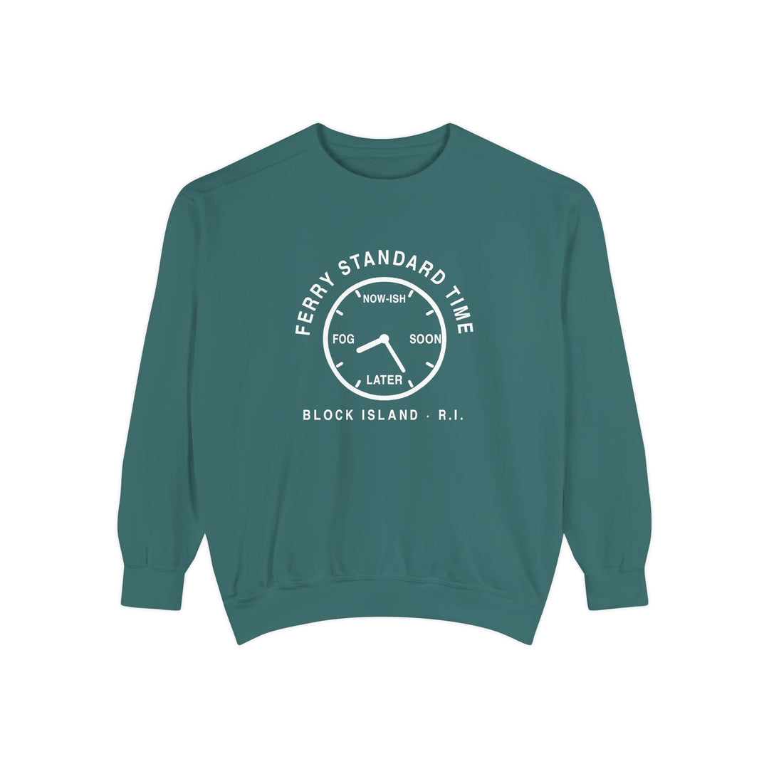 Ferry Standard Time crewneck: white clock face reading Now-ish, Soon, Later and Fog, Block Island R.I. — view 2