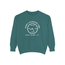 BlockBoundRI Ferry Standard Time Block Island sweatshirt in blue spruce, flat lay front with white clock-face print