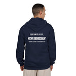 Technically New Shoreham Block Island full-zip hoodie in Navy, on model, back - BlockBoundRI