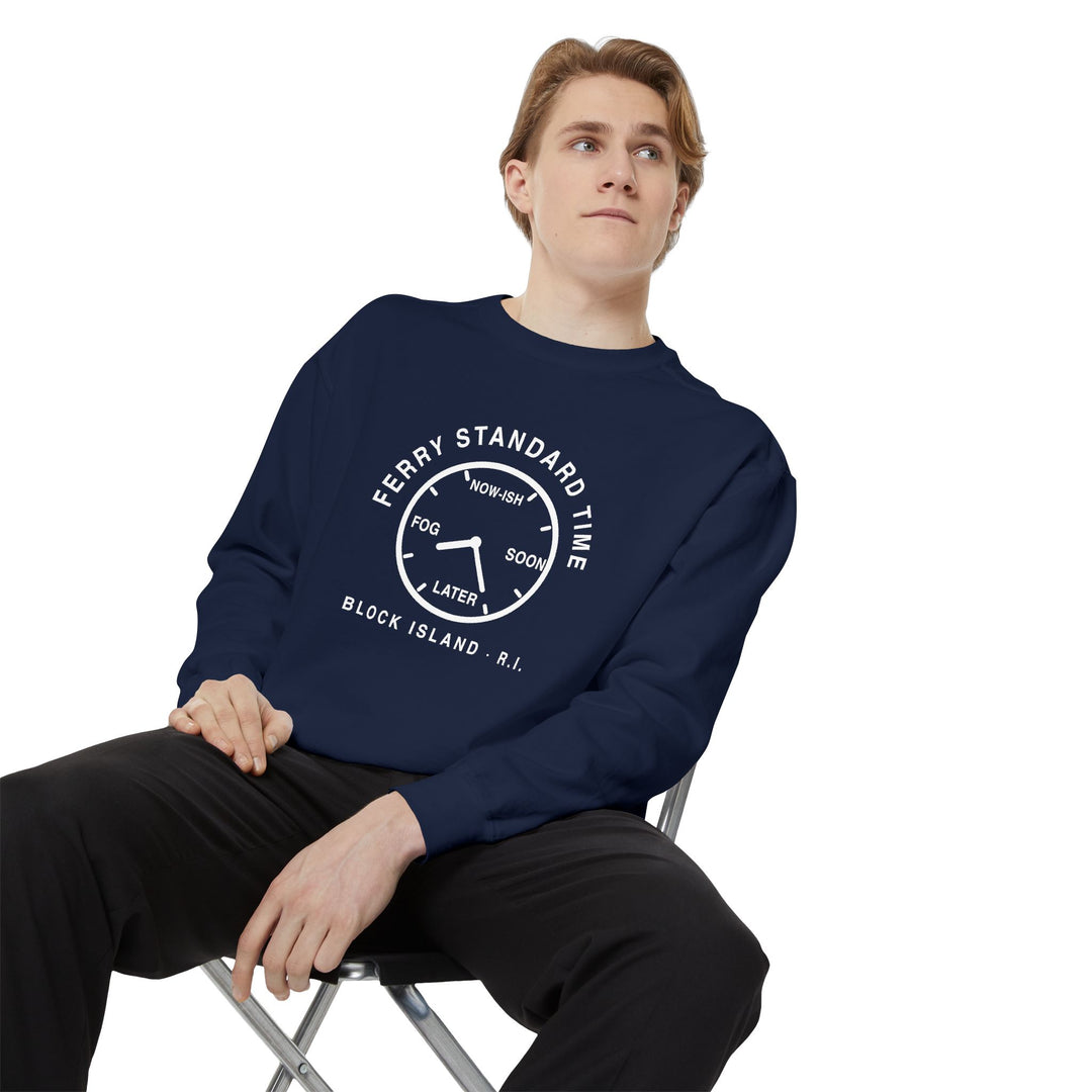 Ferry Standard Time crewneck: white clock face reading Now-ish, Soon, Later and Fog, Block Island R.I. — view 31