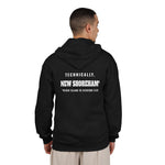 Technically New Shoreham Block Island full-zip hoodie in Black, on model, back - BlockBoundRI