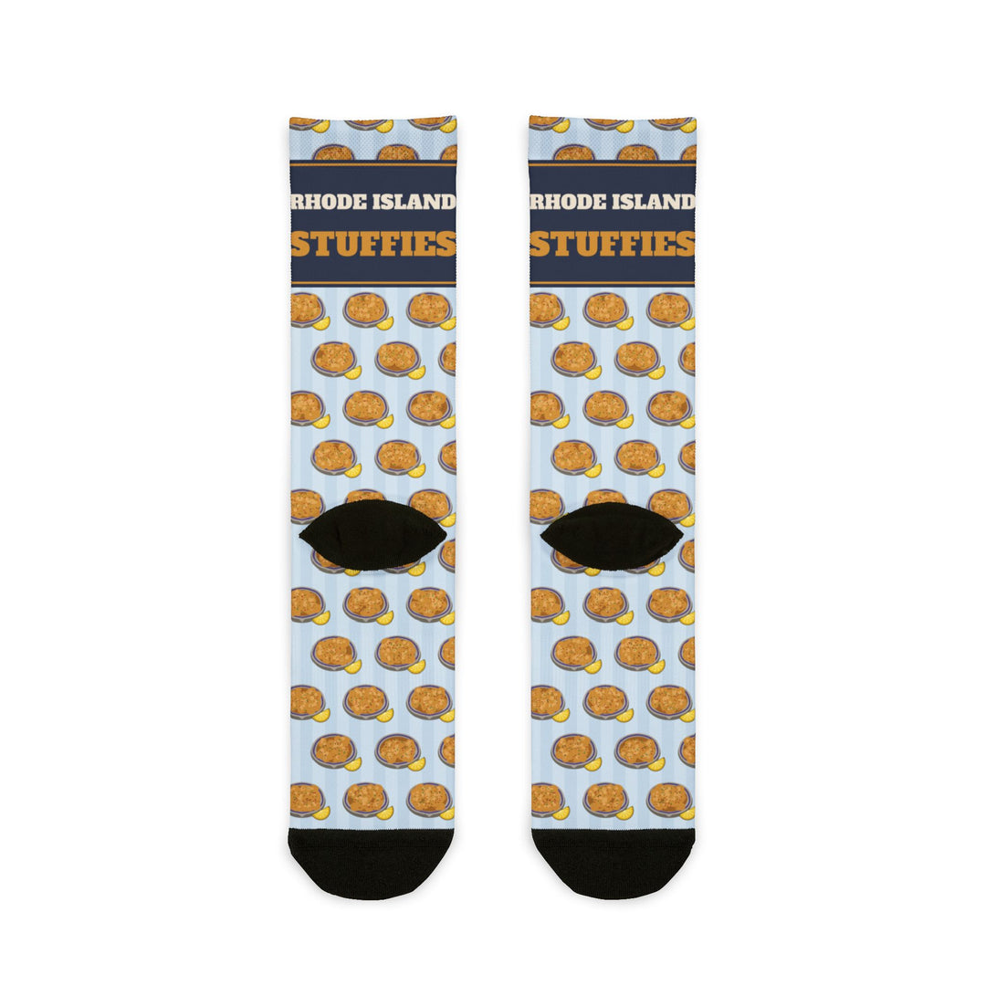 Back of the Stuff It. funny beach socks with light blue stripes, stuffie pattern and black heels, flat lay