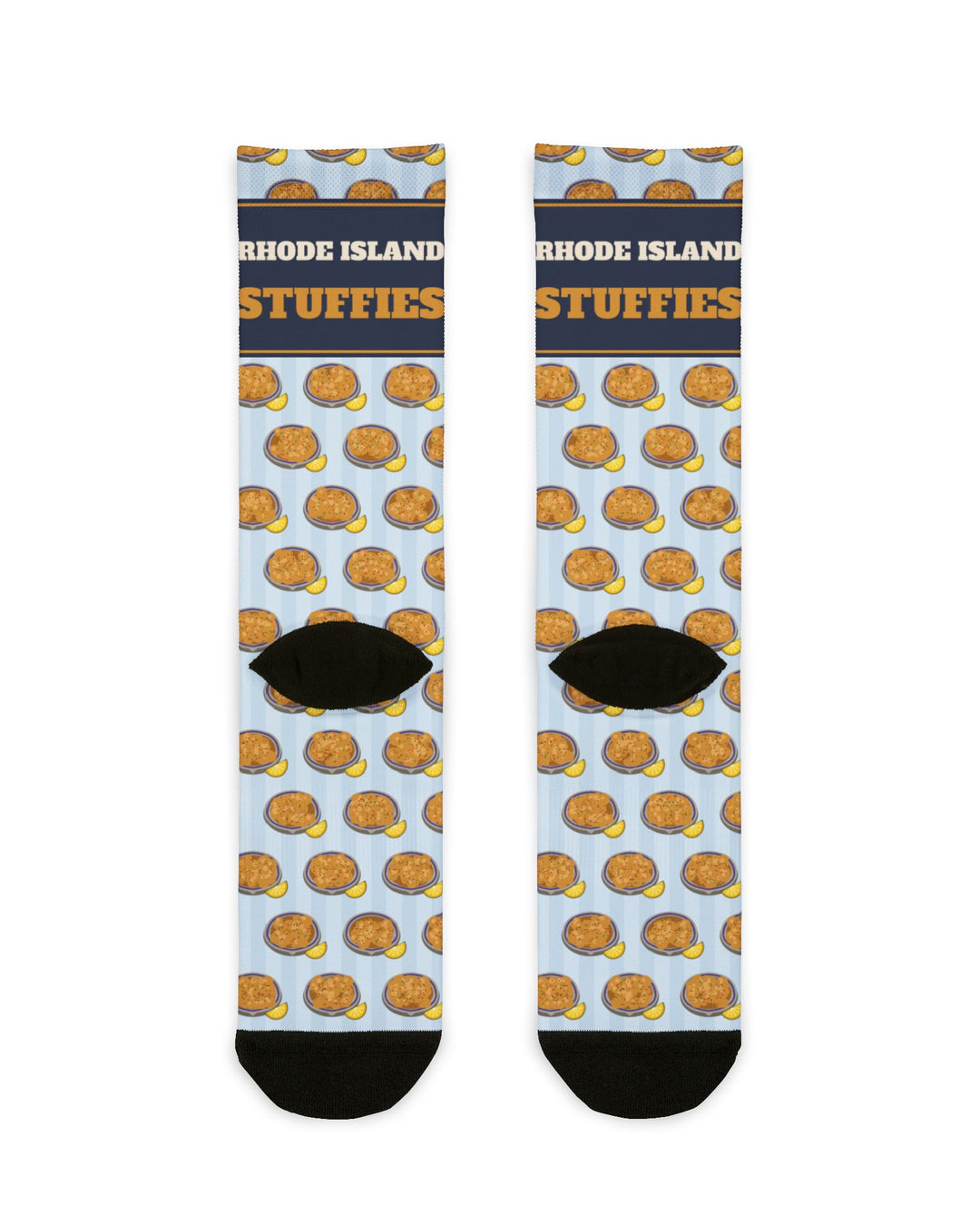 Back of the Stuff It. funny beach socks with light blue stripes, stuffie pattern and black heels, flat lay