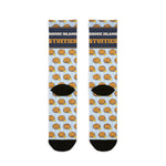 Back of the Stuff It. funny beach socks with light blue stripes, stuffie pattern and black heels, flat lay