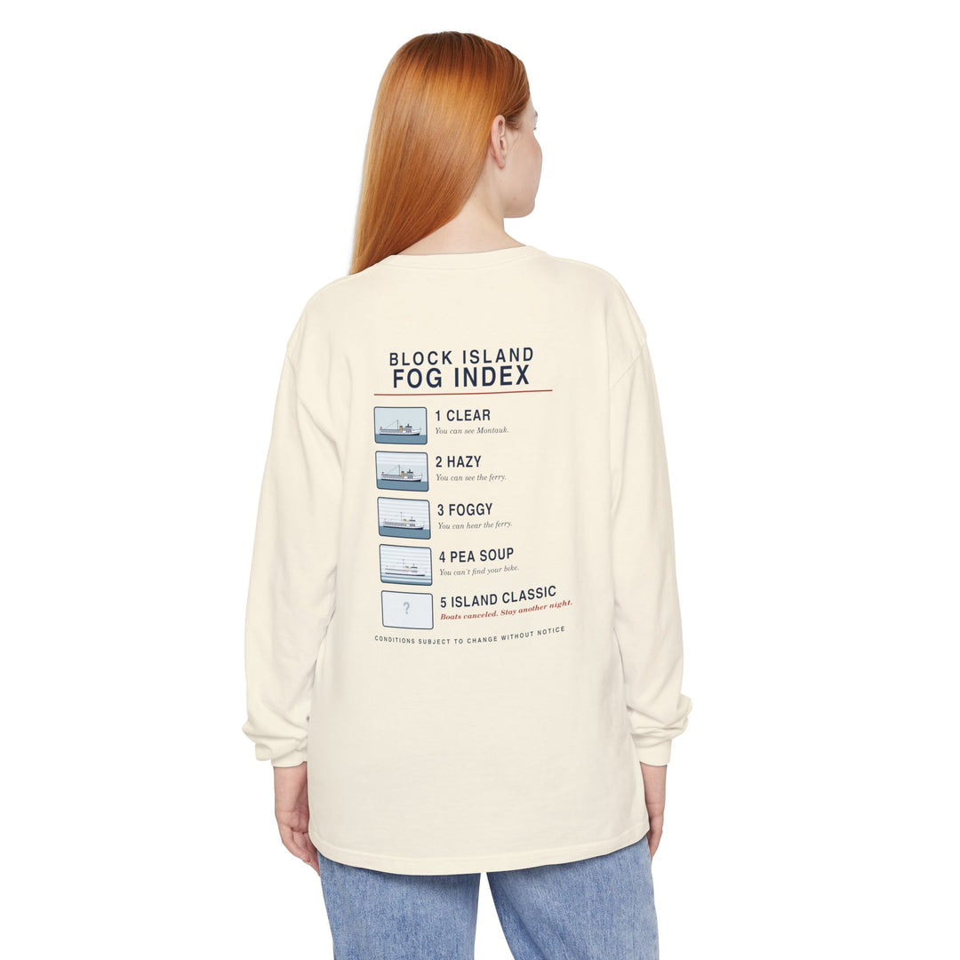Block Island Fog Index long sleeve: five fog levels from Clear to Island Classic with ferry illustrations — view 9