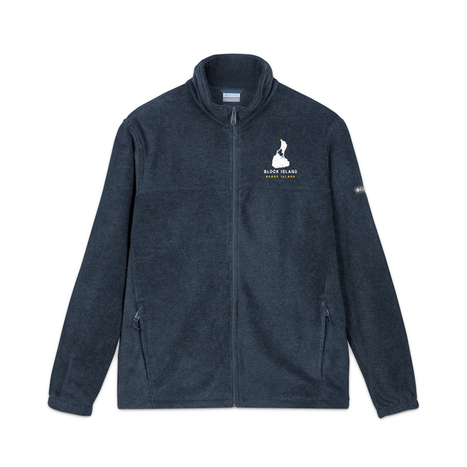 Columbia fleece jacket with embroidered Block Island outline and Block Island Rhode Island wordmark on the left chest — view 2