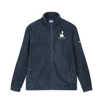 BlockBoundRI Block Island fleece jacket in collegiate navy, flat front with white Block Island map embroidery on left chest