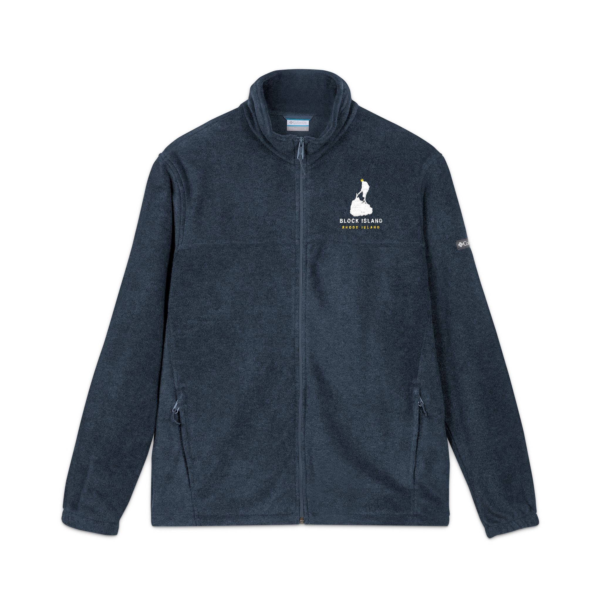 Columbia fleece jacket with embroidered Block Island outline and Block Island Rhode Island wordmark on the left chest — view 2