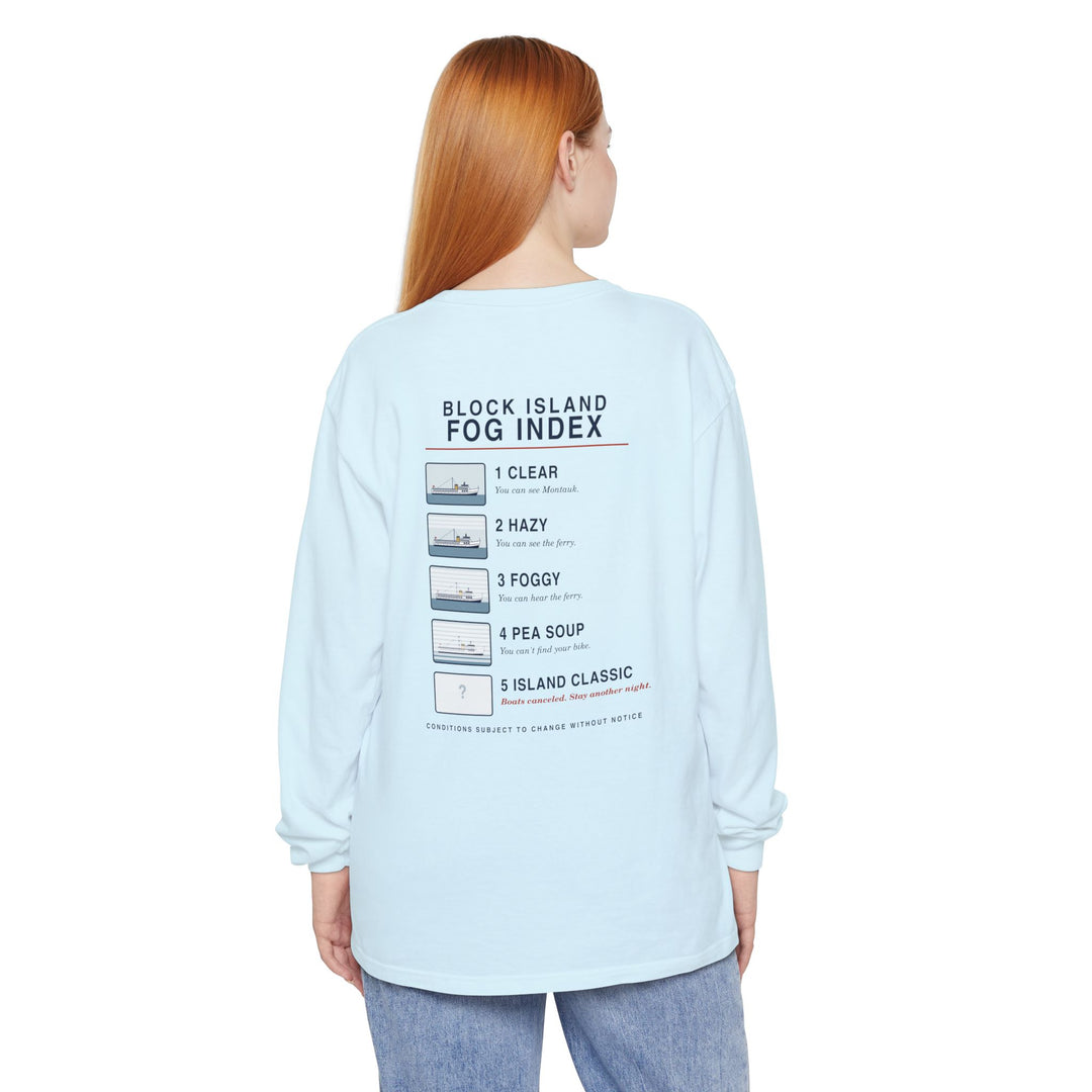 Block Island Fog Index long sleeve: five fog levels from Clear to Island Classic with ferry illustrations — view 27
