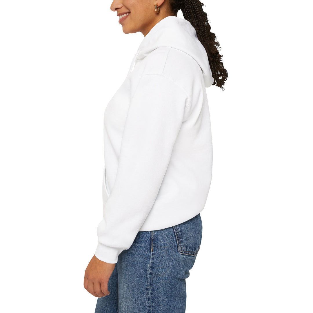 Rear side view of a woman in the white Rhode Island sweatshirt hoodie with the hood down