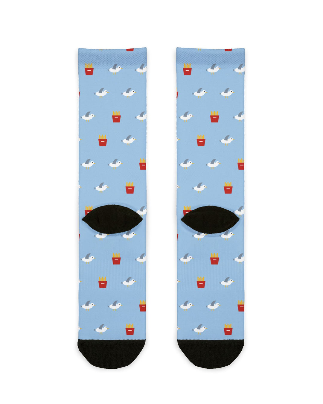 Back flat lay of light blue seagull socks with red french fry cartons, black heels and black toes