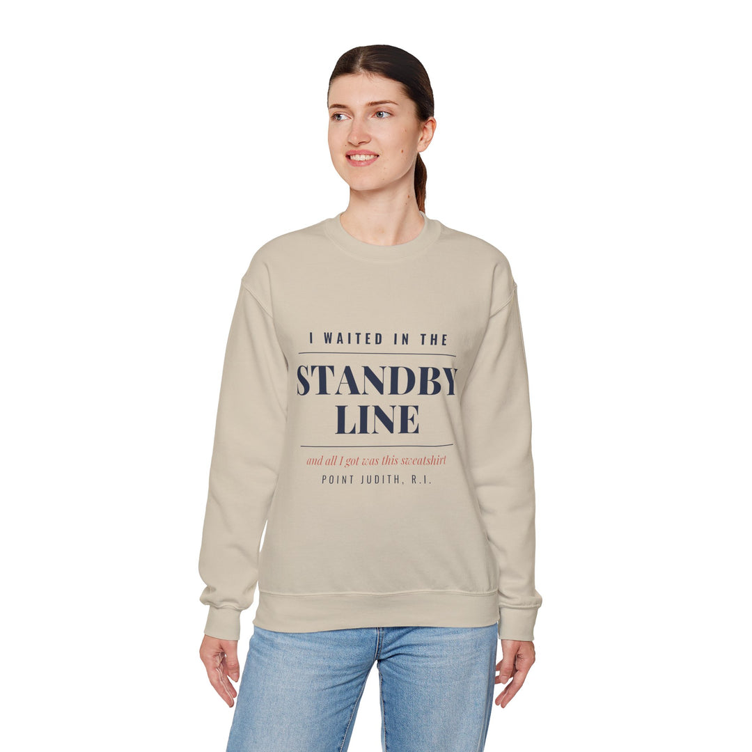 Woman in jeans wearing the sand I Waited in the Standby Line Block Island crewneck, front view
