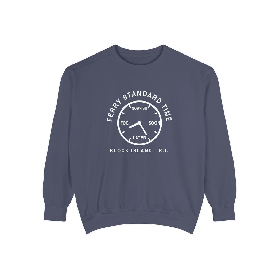 Ferry Standard Time crewneck: white clock face reading Now-ish, Soon, Later and Fog, Block Island R.I. — view 3