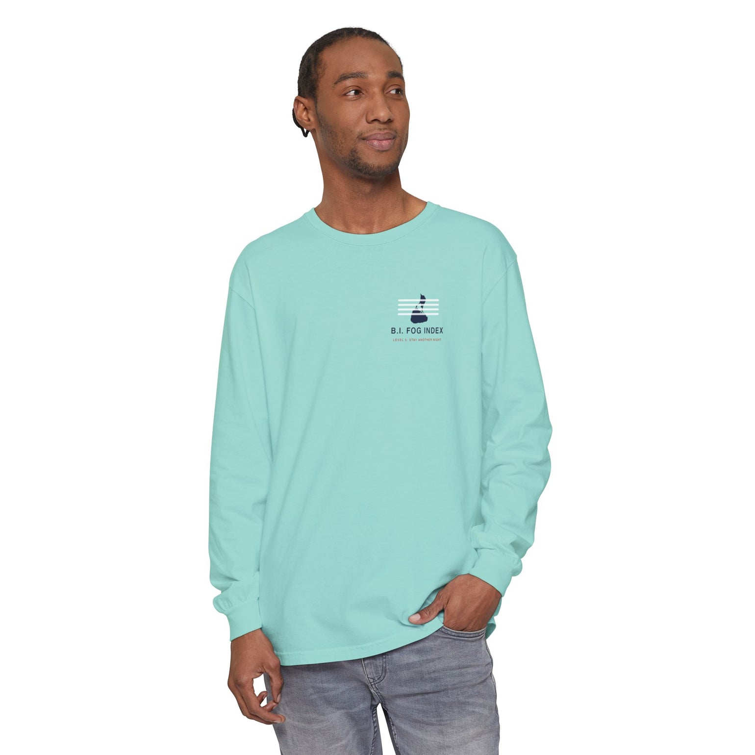 Block Island Fog Index long sleeve: five fog levels from Clear to Island Classic with ferry illustrations — view 18