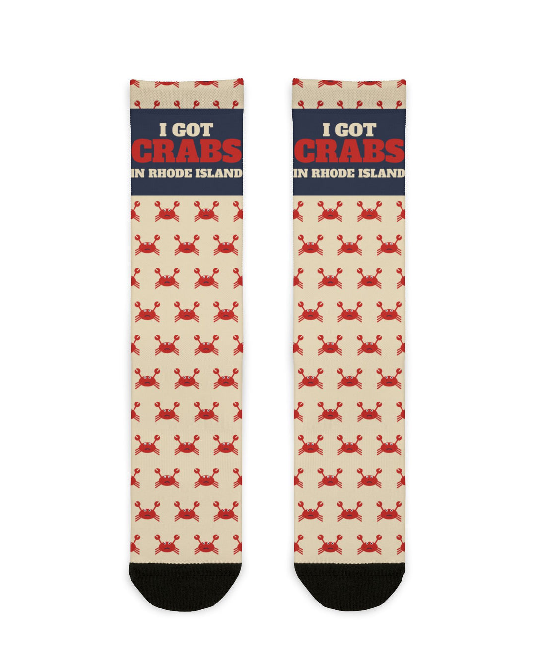 I Got Crabs in Rhode Island socks flat lay front, cream with red crab pattern and navy slogan band