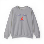 Crewneck sweatshirt with BLOCK ISLAND embroidered in arched varsity letters over a stitched Block Island map and RHODE ISLAND