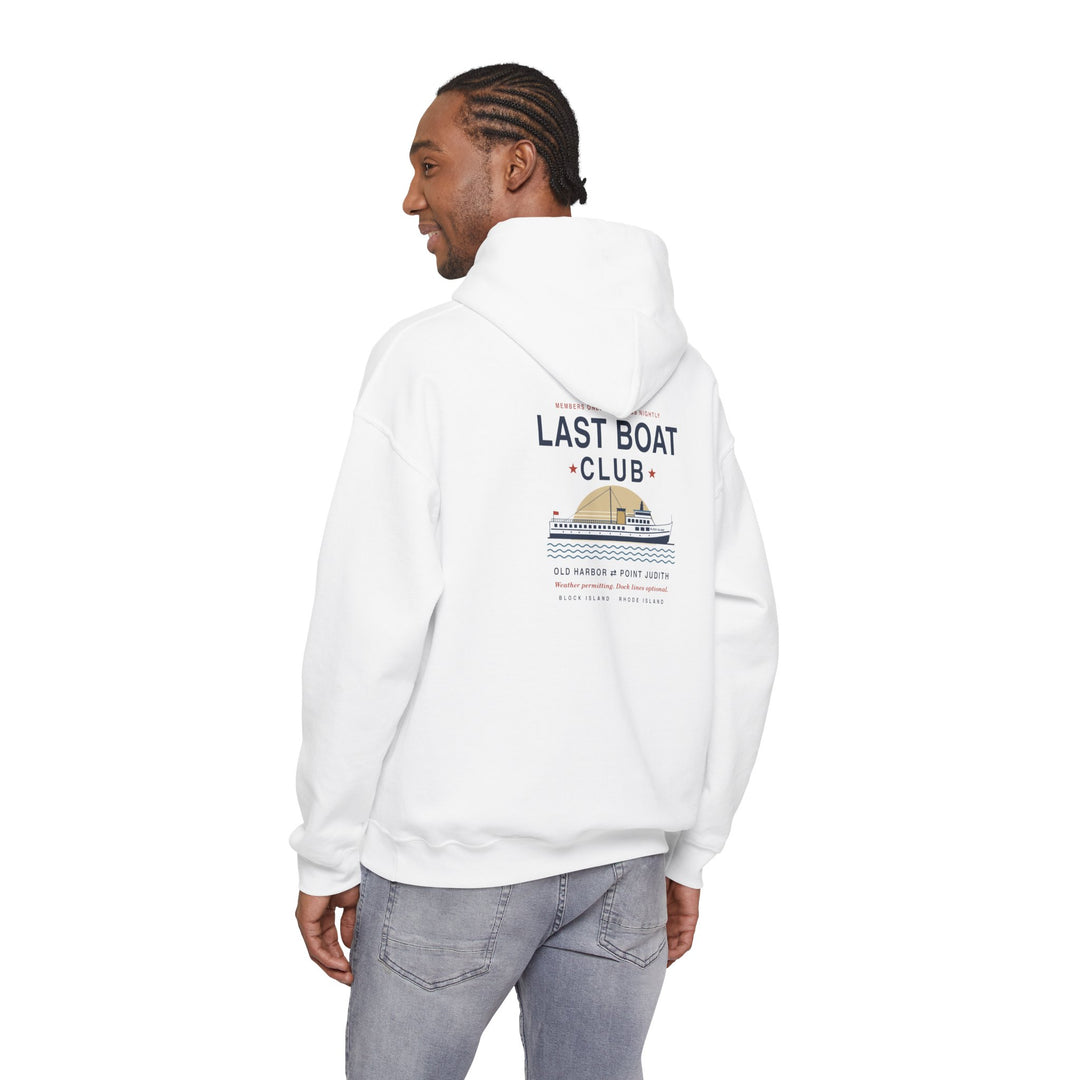 Last Boat Club hoodie: M/V BLOCK ISLAND ferry against a striped sunset, Block Island R.I. — view 17