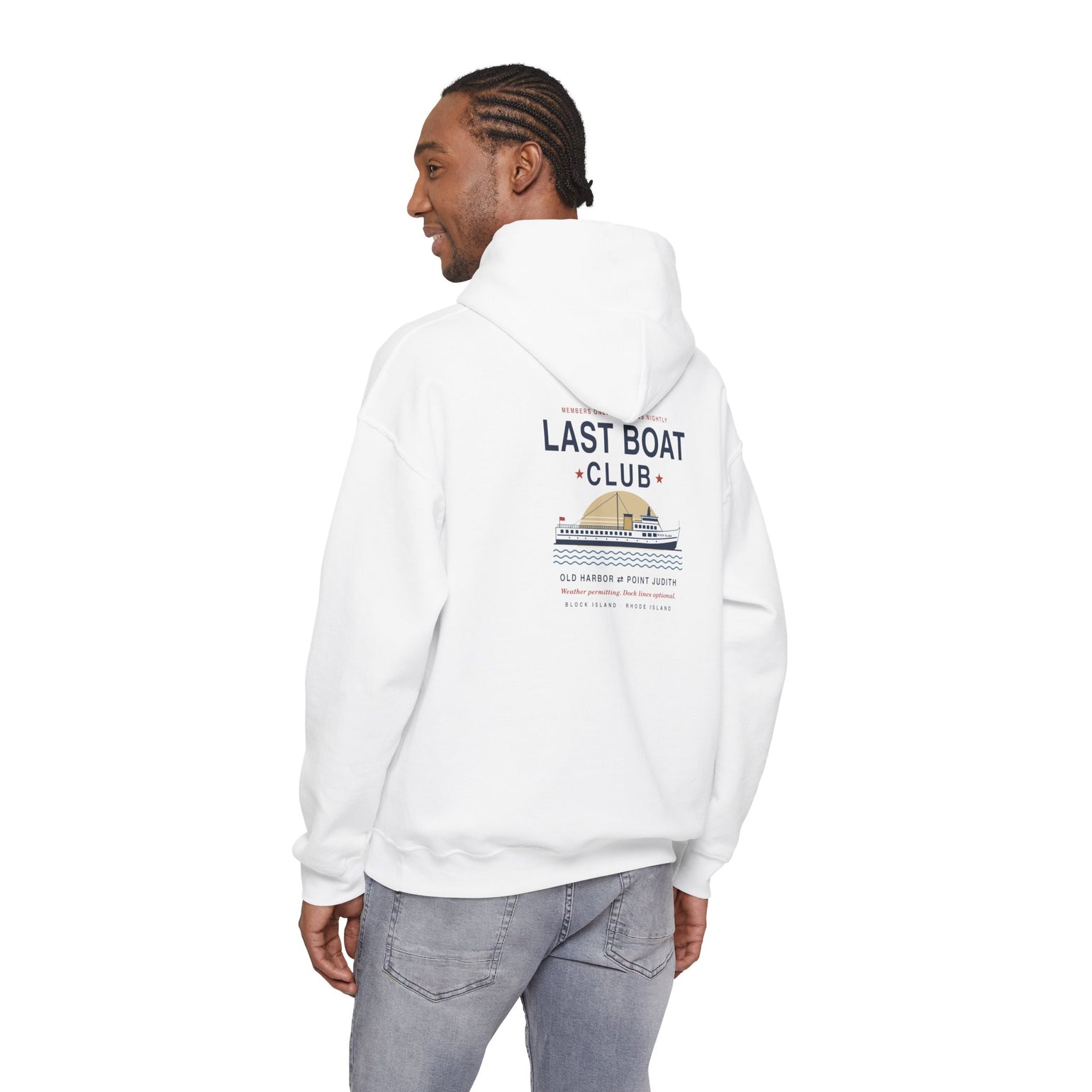 Last Boat Club hoodie: M/V BLOCK ISLAND ferry against a striped sunset, Block Island R.I. — view 17