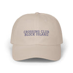 BlockBoundRI Crossing Club Block Island hat in Stone with navy collegiate embroidered lettering, front view