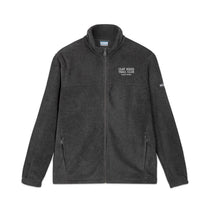 BlockBoundRI Charcoal Heather Block Island fleece jacket, front flat lay with Clay Head Trail Club chest embroidery