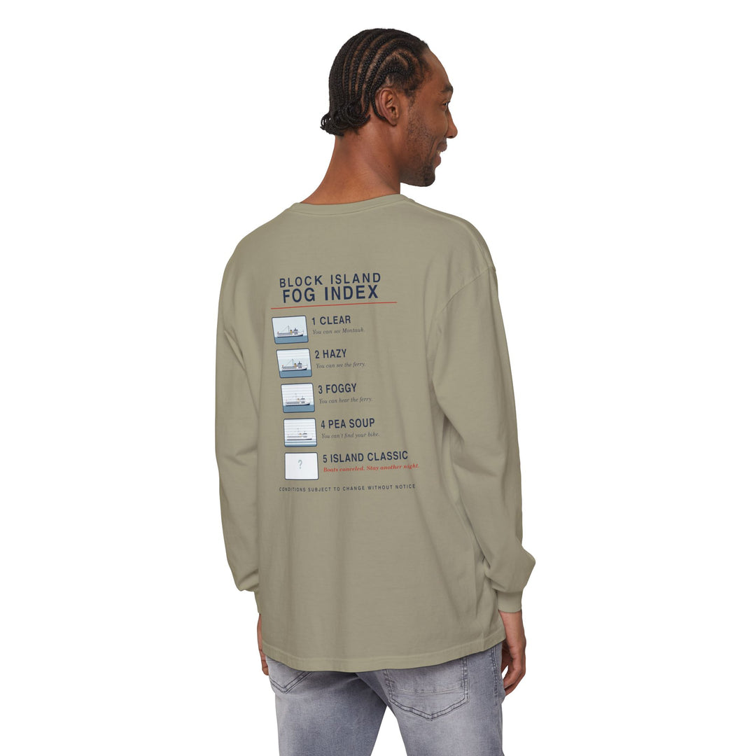 Block Island Fog Index long sleeve: five fog levels from Clear to Island Classic with ferry illustrations — view 13