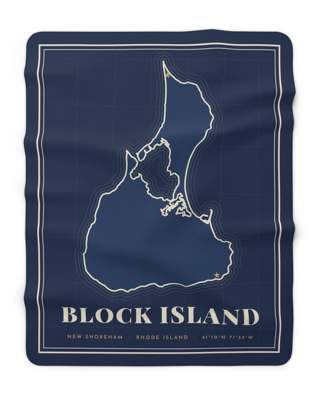 Navy Block Island map throw, flat front with cream outline of the island and New Shoreham Rhode Island text