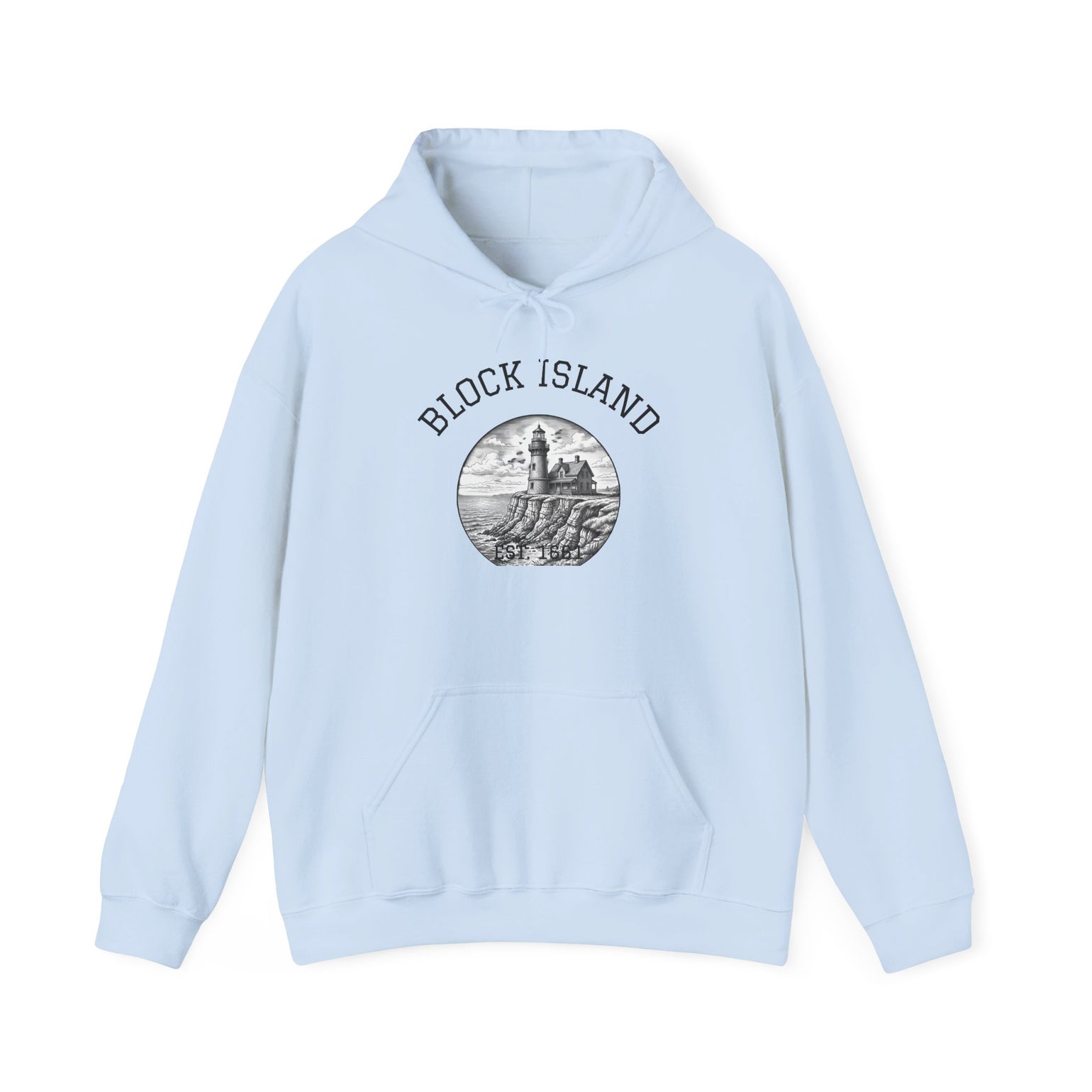 Southeast Light Hoodie, Block Island Lighthouse in Light Blue, BlockBoundRI