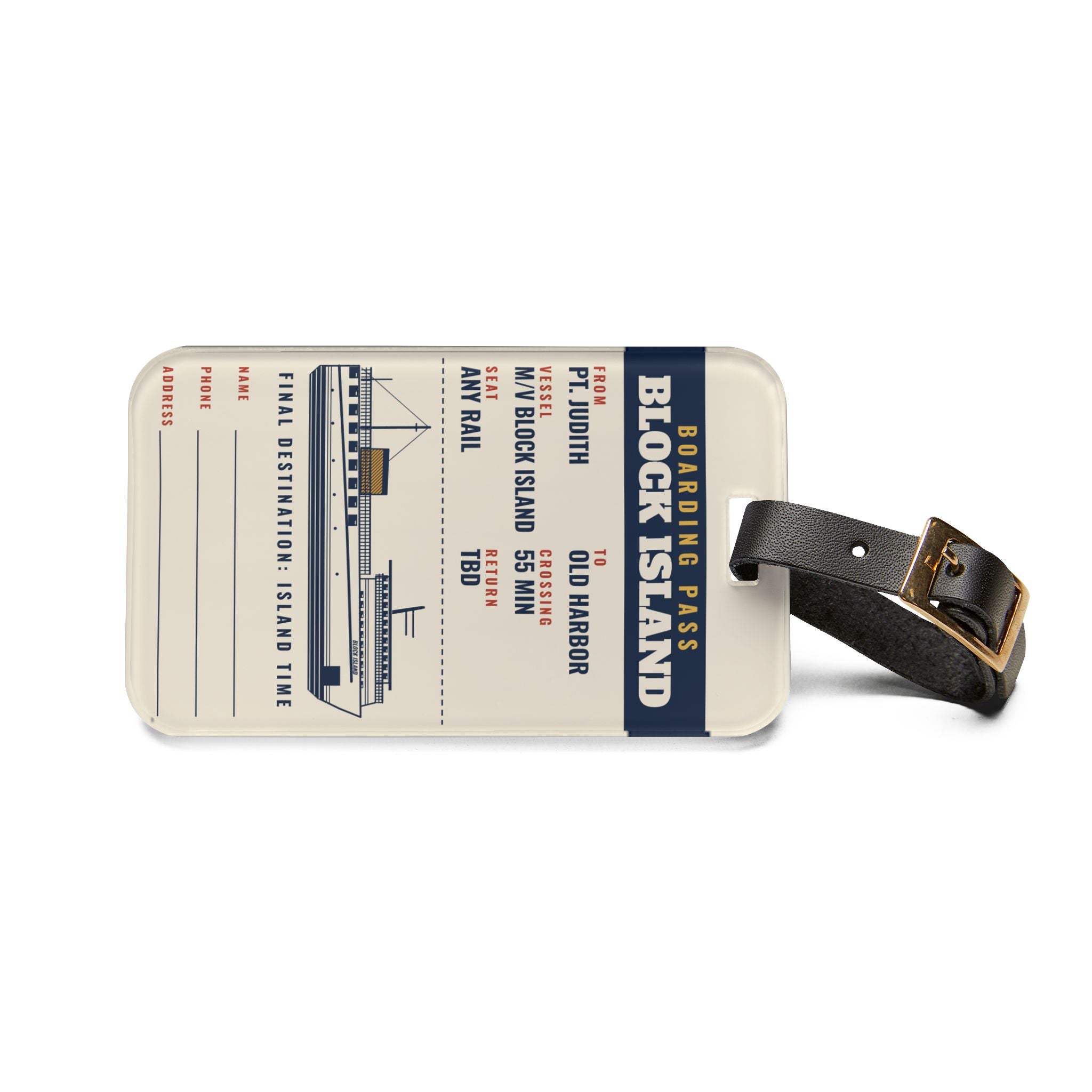 Block Island ferry boarding pass acrylic luggage tag, view 2 - BlockBoundRI