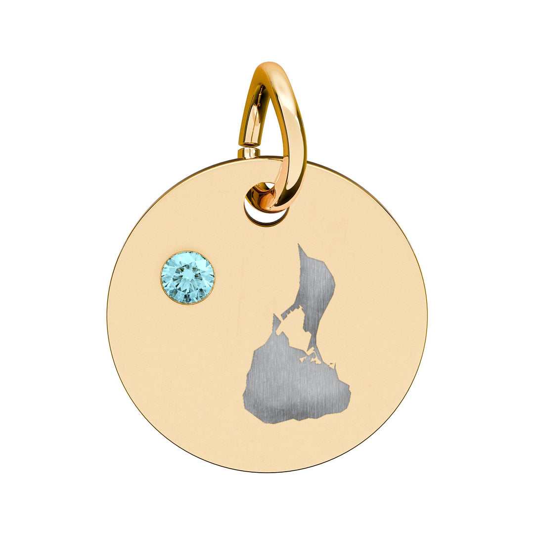 Round engraved Block Island charm with a cubic zirconia birthstone