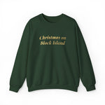Crewneck sweatshirt with Christmas on Block Island in gold metallic italic lettering