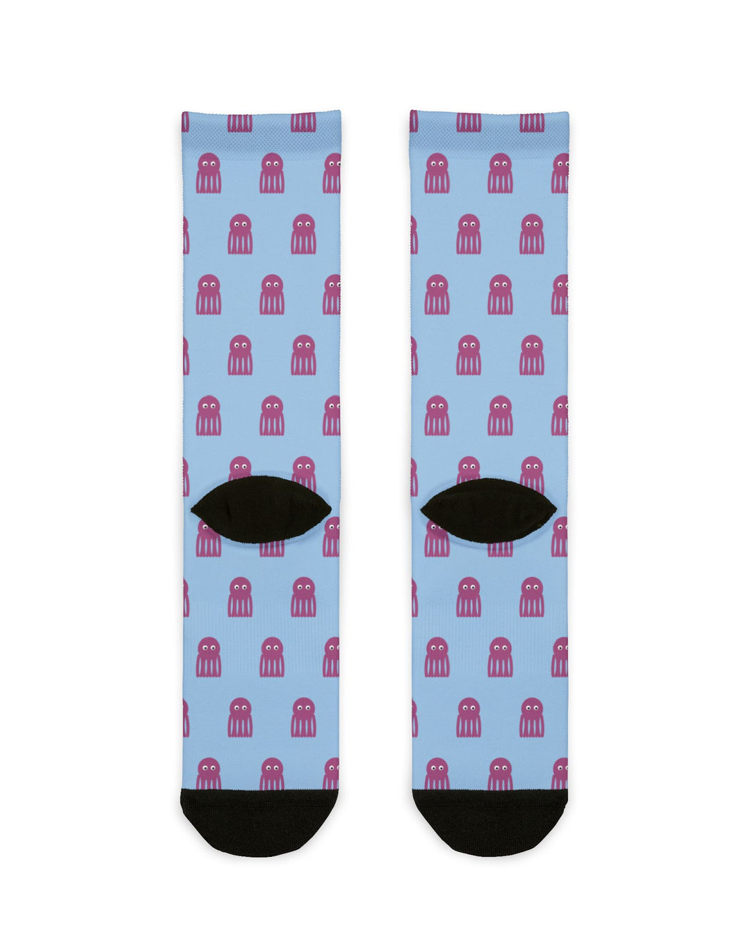Back of the light blue I'd Need 4 Pairs octopus crew socks laid flat, showing black heels and toes